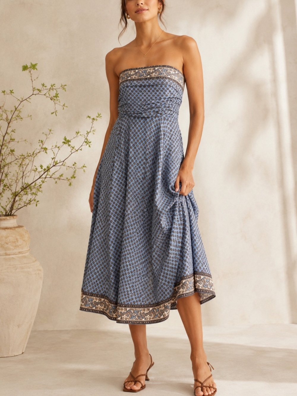 Veronica Beard Lana Ruched Medallion & Paisley Scarf Print Midi Dress Blue Jay